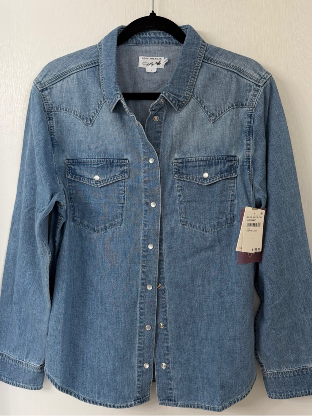 Good American Light Blue Long Sleeve Slim Fit Denim Shirt - Picture 5 of 10